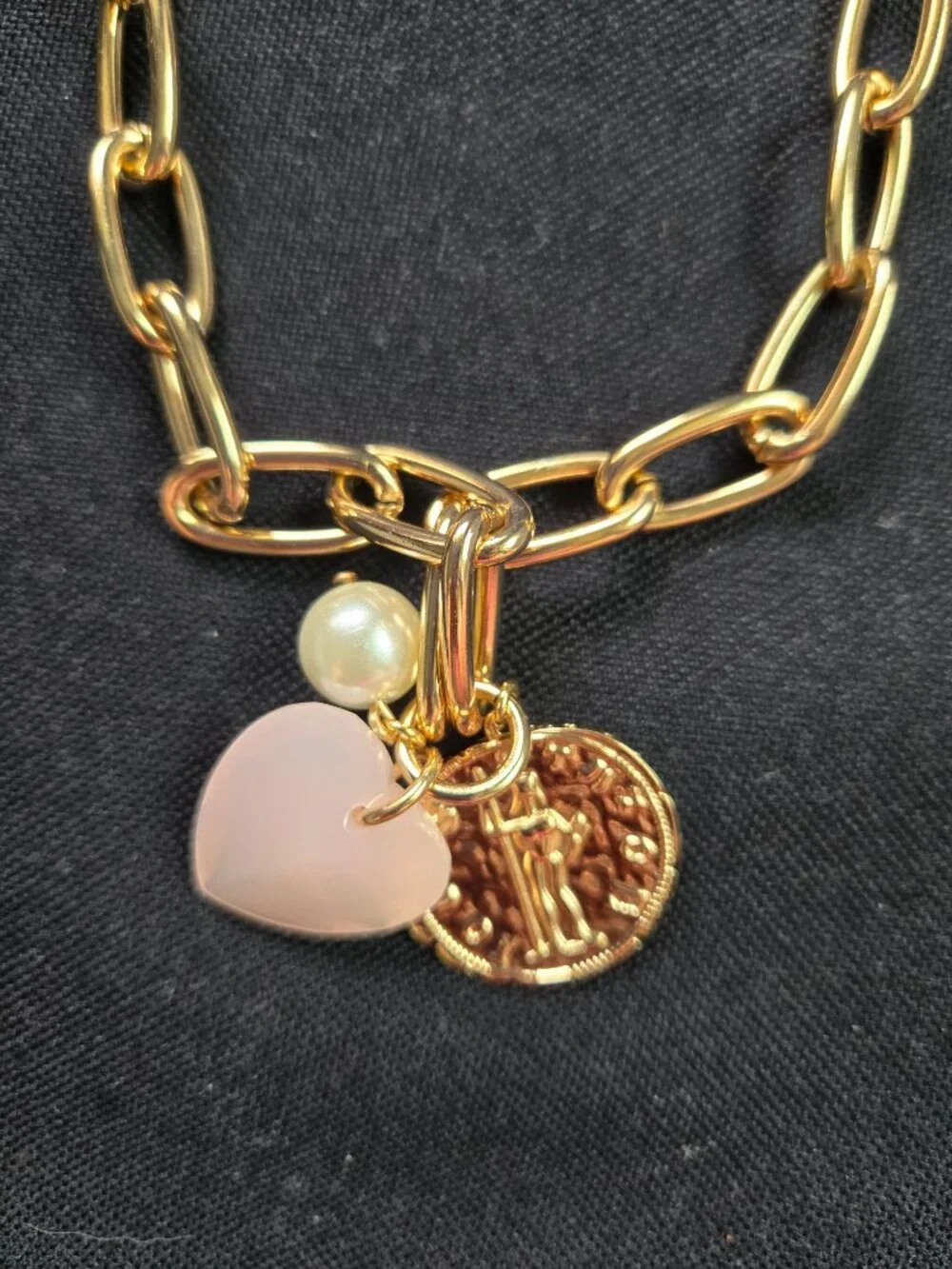 J.CREW Puffy Heart Pearl Coin Charms Gold Necklace, Retails $49.50 NWT!